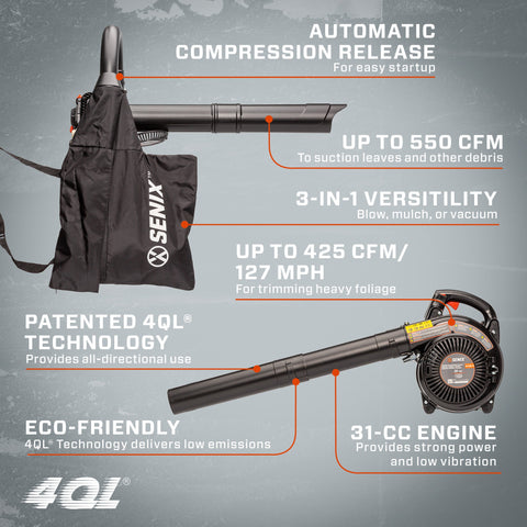 BLV4QL-M® 31 cc 4 ciclos Soplador de hojas y aspirador de gasolina manual