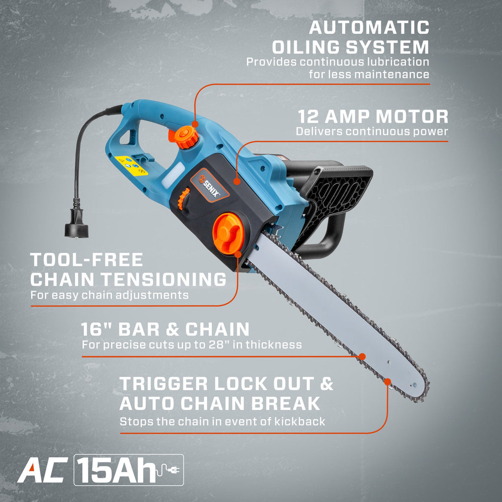 Motosierra eléctrica con cable de 12 amperios y 16 pulgadas, CSE12-M