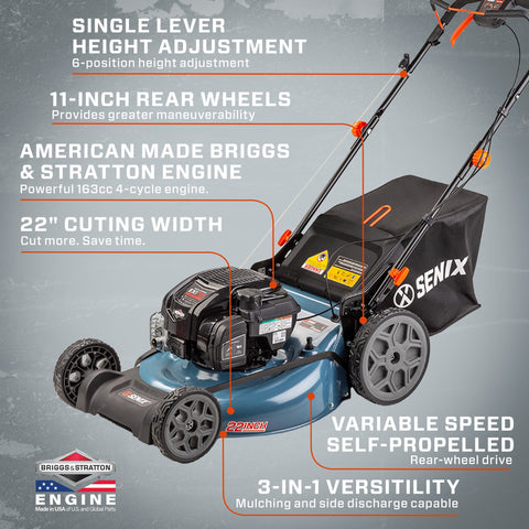 Podadora autopropulsada a gasolina de 22 pulgadas, 163 cc, 4 ciclos, velocidad variable, mantillo 3 en 1, descarga lateral y embolsado trasero, LSSG-H2