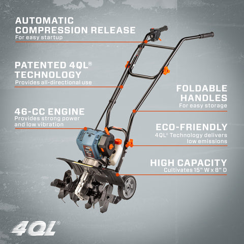 4QL® 46 cc Motoazada a gasolina de 4 ciclos, ancho de labranza de 15 pulgadas, TL4QL-L1